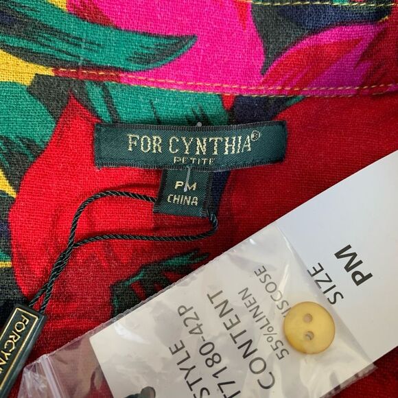 For Cynthia Button Up Shirt Linen Blend Hawaiian  Floral Print Yellow Red Petite - Picture 7 of 9